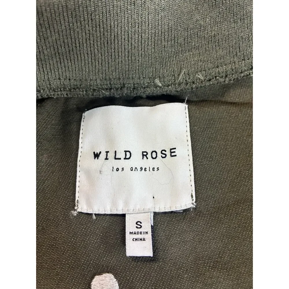 Wild Rose Los Angeles Cropped Bomber Jacket Green Zip Front Embroidered Small